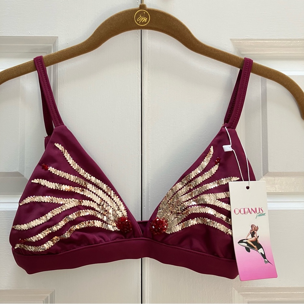 NWT Oceanus Swimwear Ursula Bikini Top Red Oxblood Beaded Sample? Flaws XS